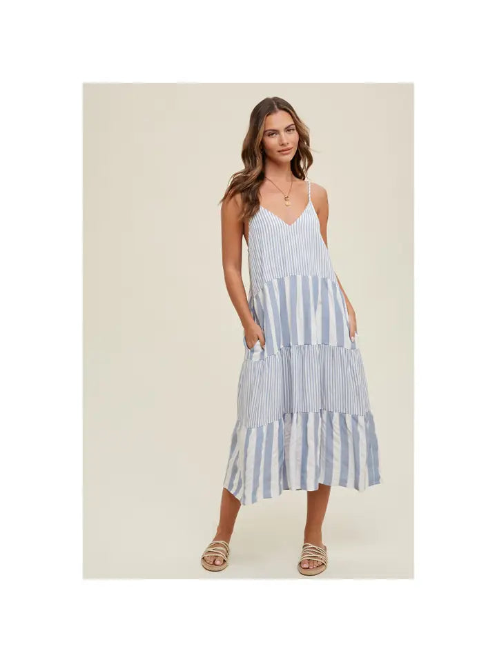*TIERED MULTI-STRIPPED MIDI DRESS