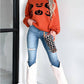 Orange Halloween Pumpkin Face Pattern Drop Shoulder Sweater