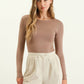 SOLID ROUND NECK LONG SLEEVE BODYSUIT - DEEP TAUPE