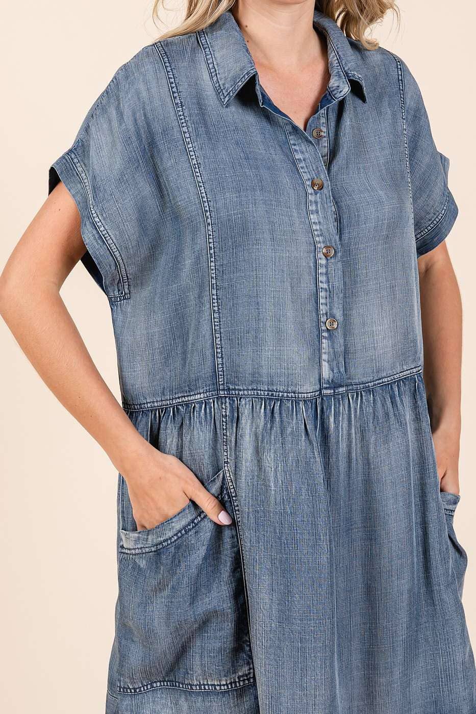 WASHED CHAMBRAY PATCH POCKET SHIRT MINI DRESS