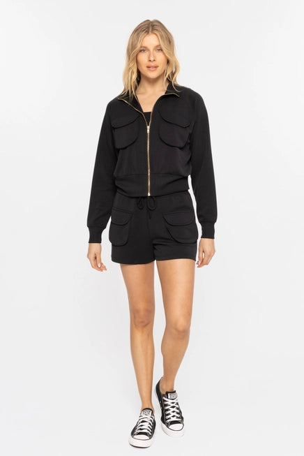 CROPPED MOCK NECK ZIP UP JACKET - BLACK