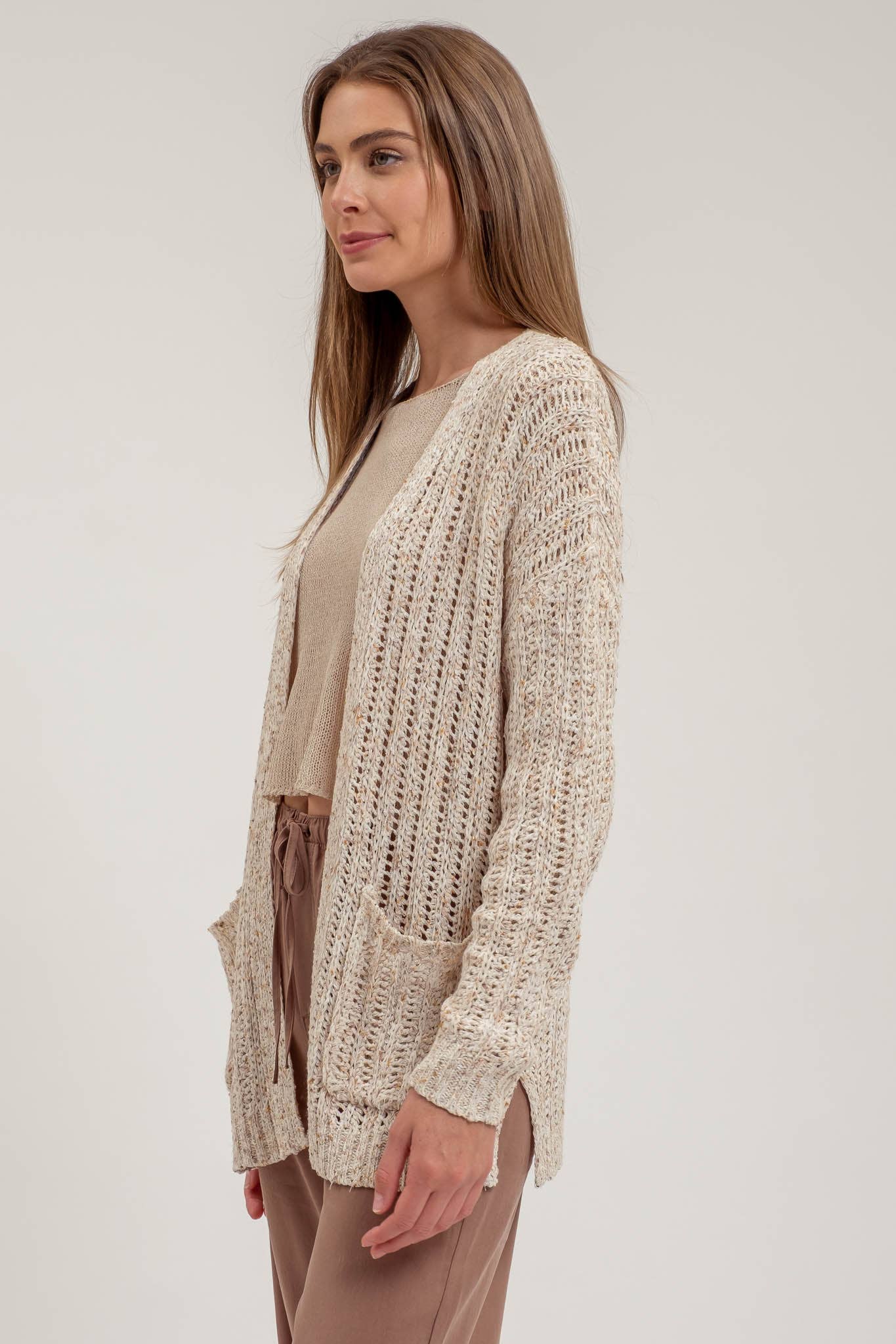 SPLIT HEM CROCHET KNIT CARDIGAN