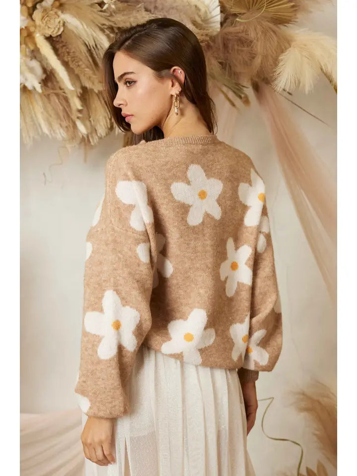 Flower Pattern Sleeve Puff Sweater