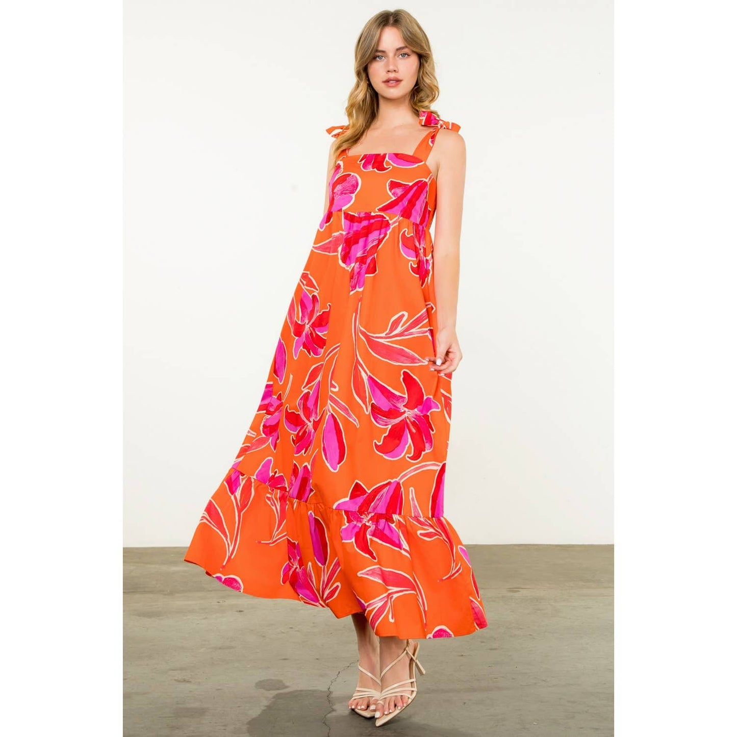 THML Tie Strap Floral Print Maxi Dress