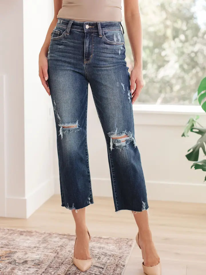 Judy Blue High Rise Distressed Wide Leg Crop Jeans