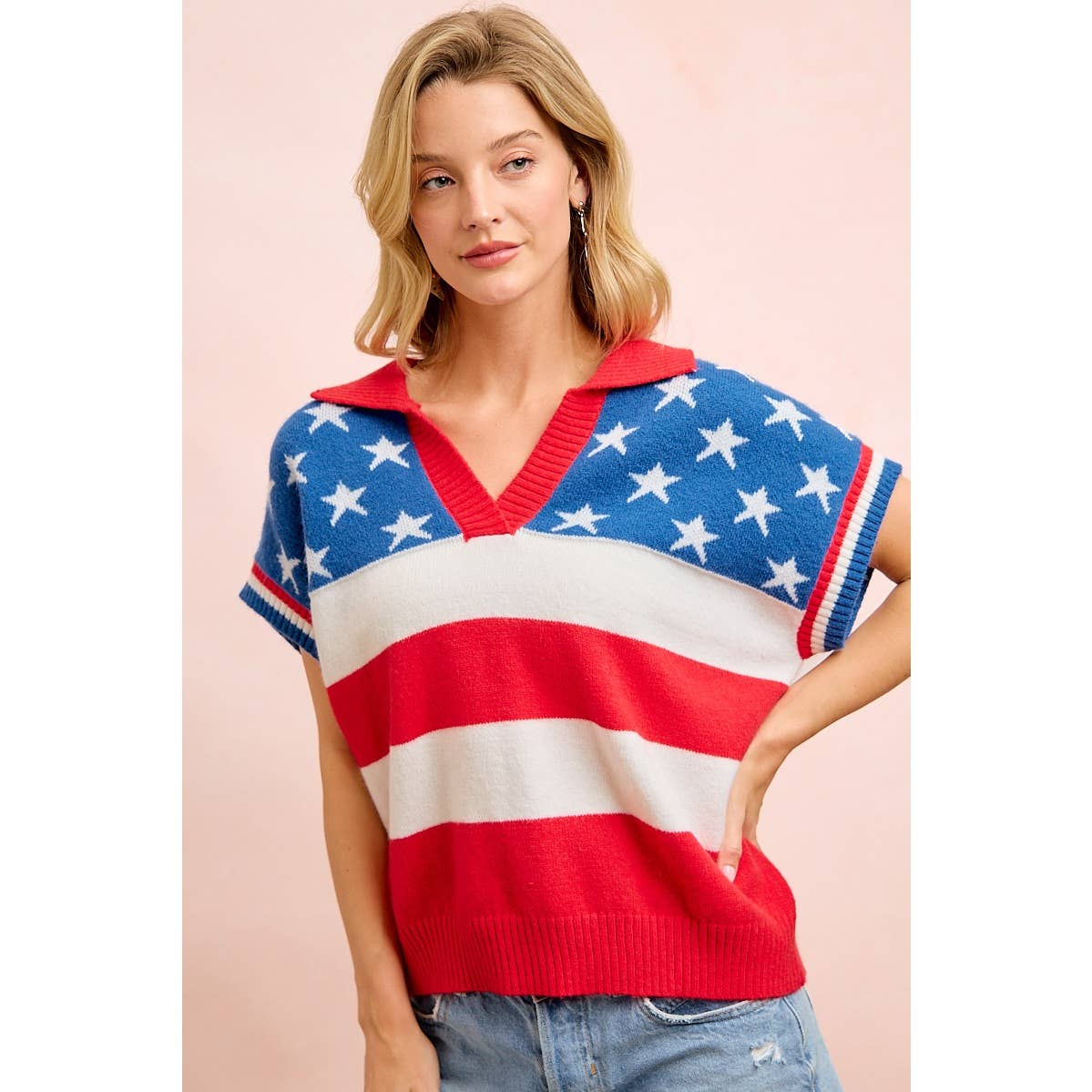 4TH OF JULY STAR STRIPED SLEEVELESS COLLAR KNIT TOP