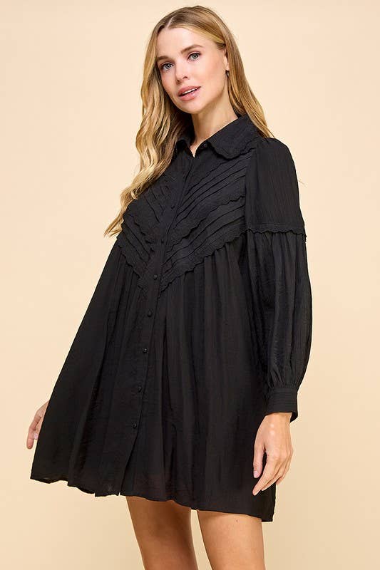 Pleated Top Button Down Shift Dress