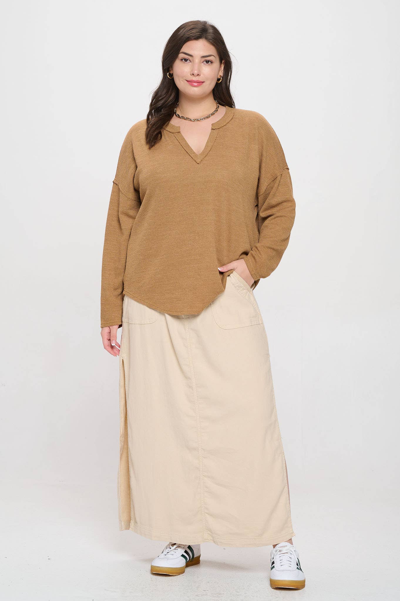 *PLUS SOLID NOTCH NECK KNIT TOP - ALMOND