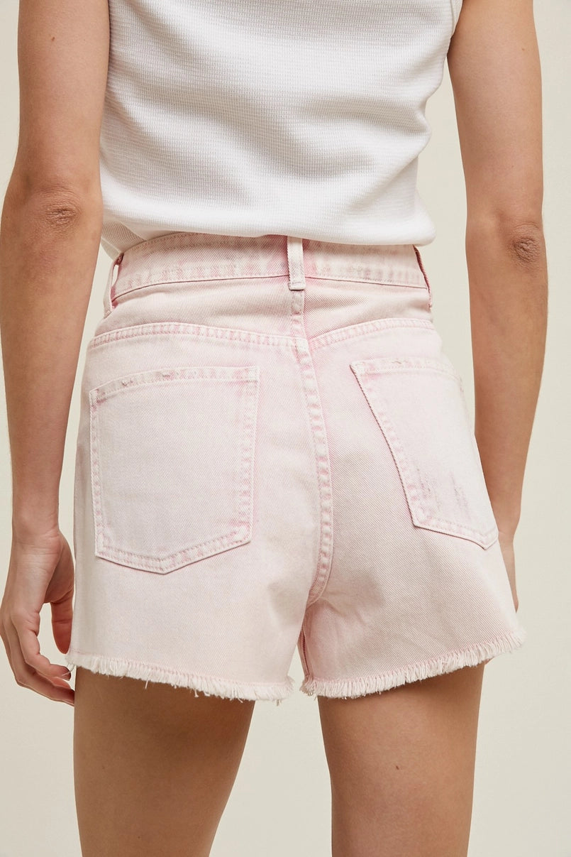 BUBBLEGUM COTTON DENIIM SHORTS WITH DISTRESSED DETAIL