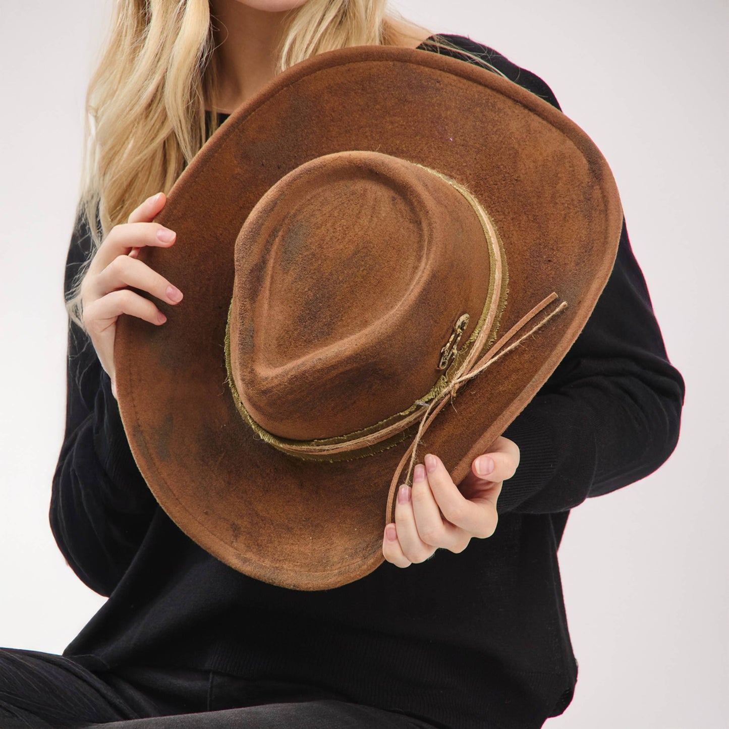 Distressed Fabric Band Rustic Cowgirl Fedora Hat