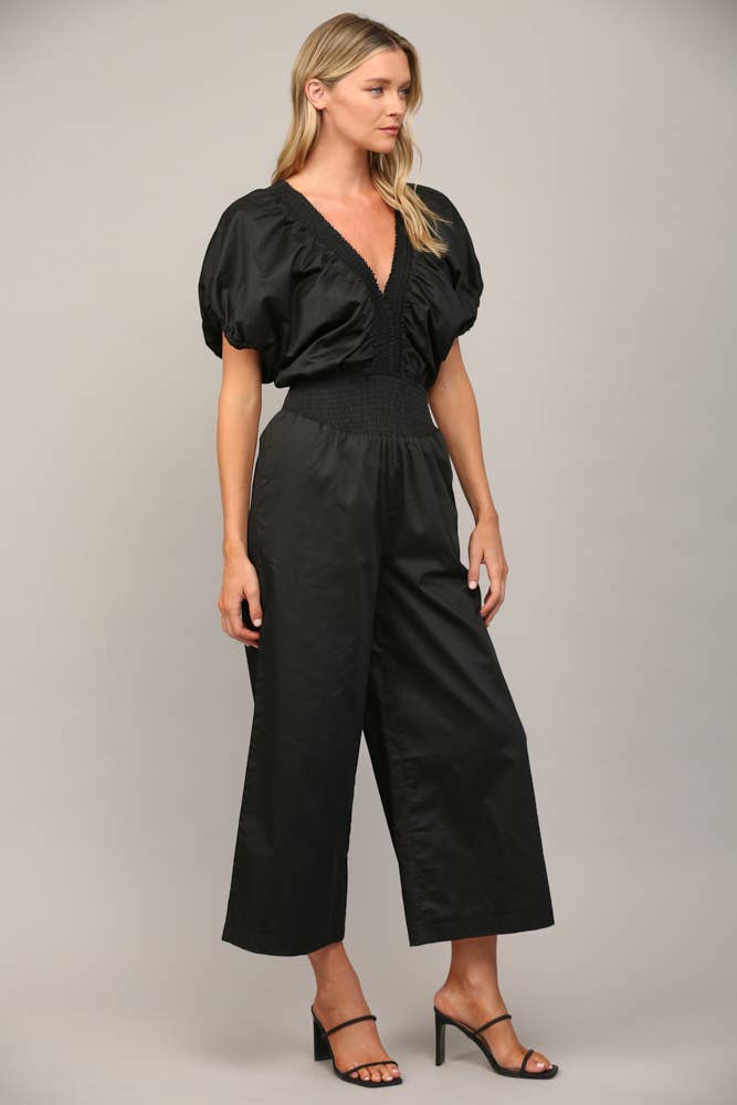 SMOCKED DETAIL OPEN TIE BACK JUMPSUIT