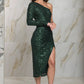 ONE SHOULDER SEQUIN MIDI DRESS HUNTER GREEN