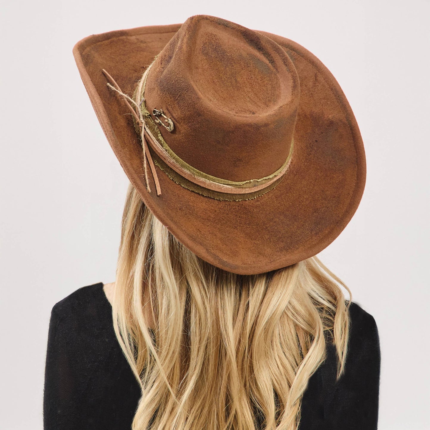 Distressed Fabric Band Rustic Cowgirl Fedora Hat