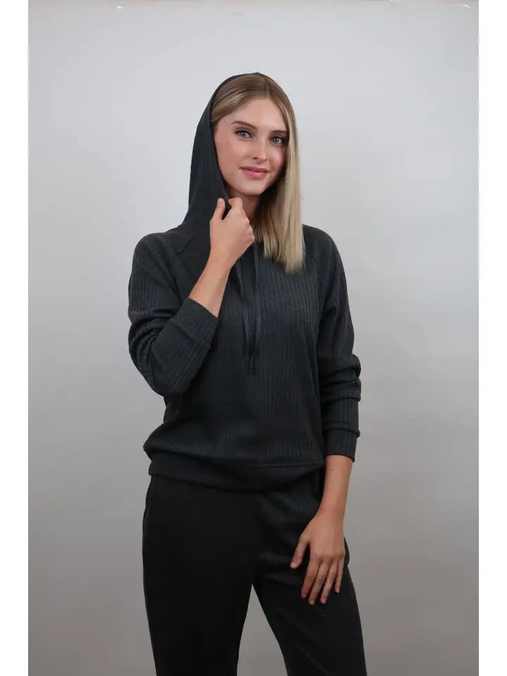 Sandy Thermal Knit Top with Hood and Matching Thermal Crop Pants - Charcoal