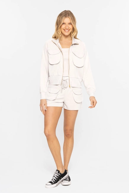 CROPPED MOCK NECK ZIP UP JACKET - PALE GREY