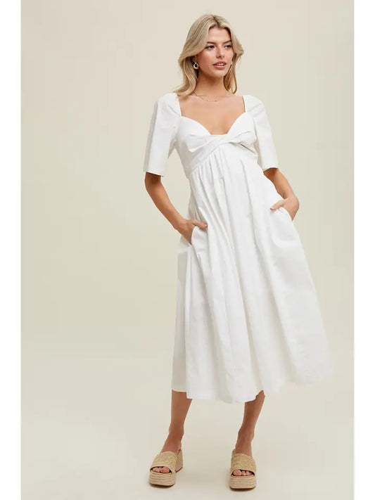 WHITE POPLIN COTTON MIDI DRESS WITH FRONT TWIST