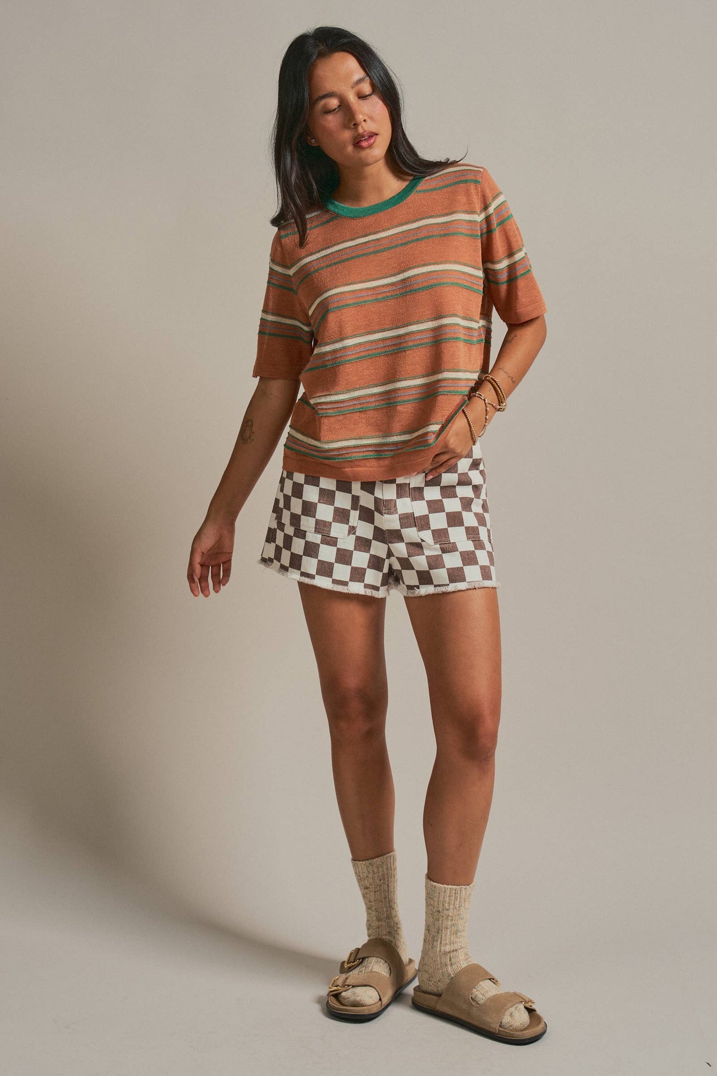 Striped Knit Ringer Tee W Crew Neck