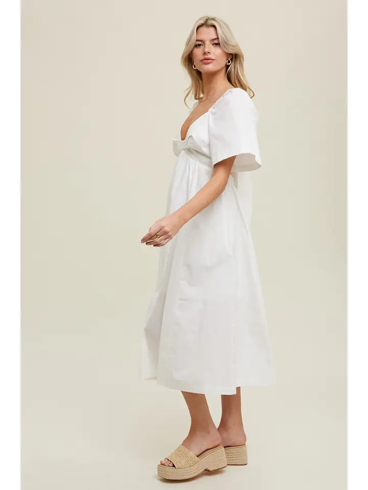 WHITE POPLIN COTTON MIDI DRESS WITH FRONT TWIST