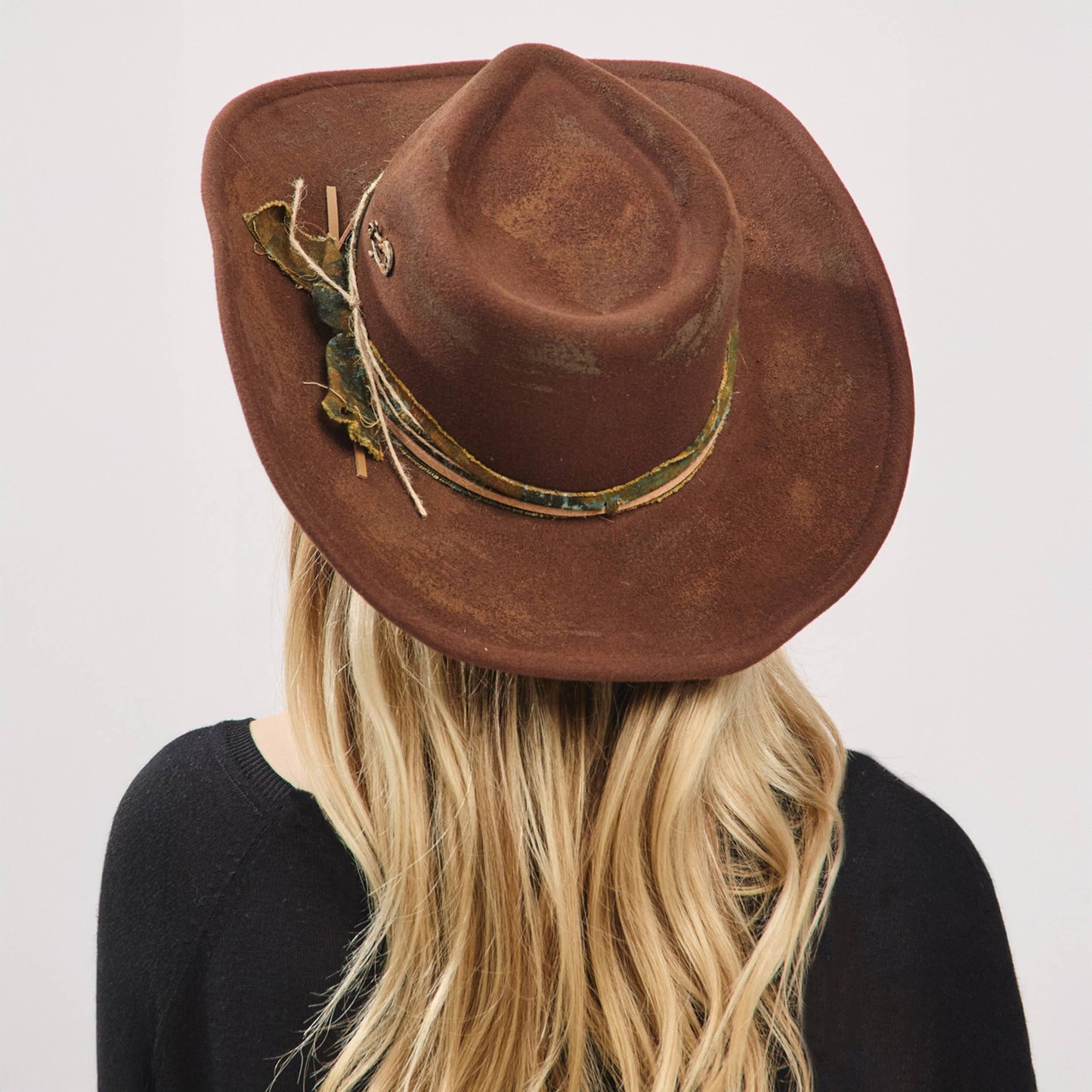 Distressed Fabric Band Cowgirl Fedora Hat