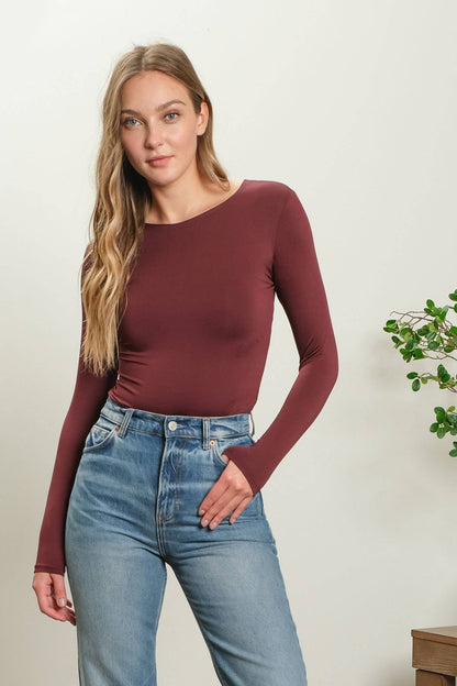 SOLID ROUND NECK LONG SLEEVE BODYSUIT - MAROON