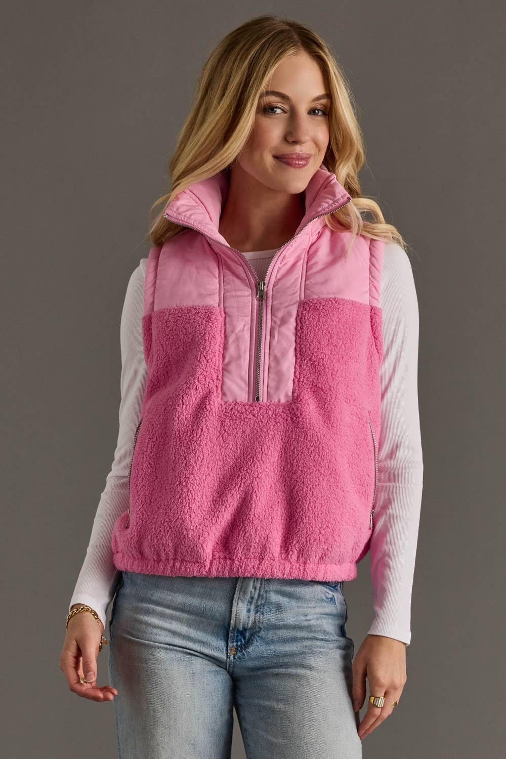 Lt. Pink 3/4 Zip Quilted Sherpa Vest