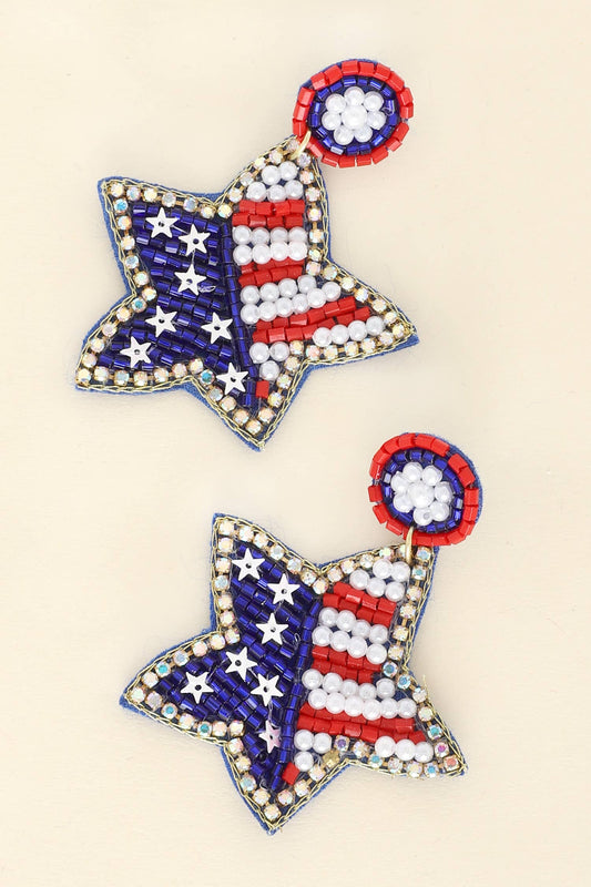 Jeweled Patriotic Star Shaped Beaded Earrings