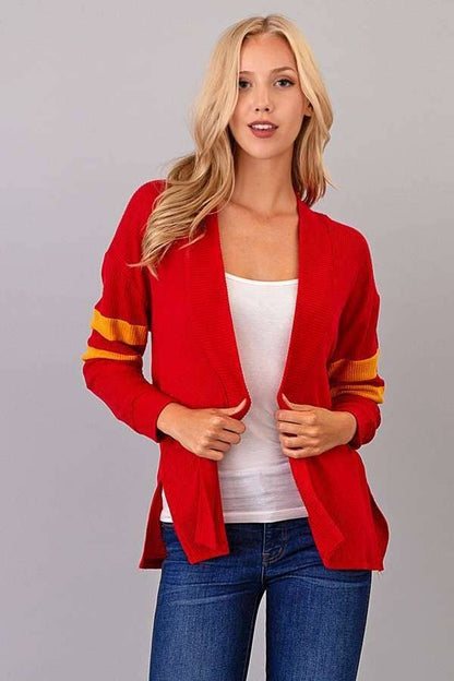 Sleeve Color Block Brush Hacci Cardigan - Red and Gold