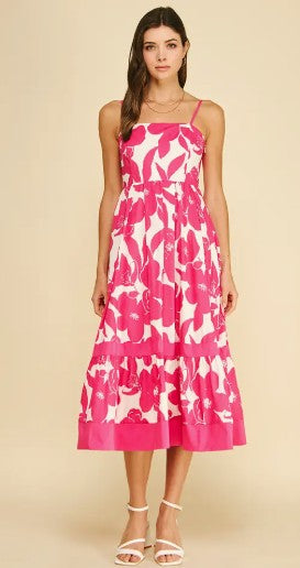 Bold Floral Tiered Midi Dress - Hot Pink