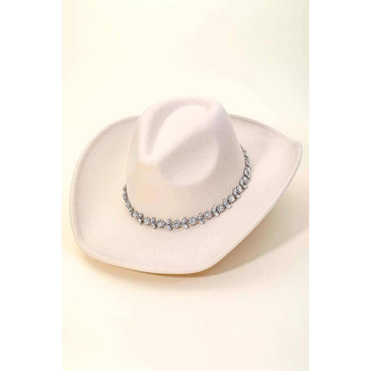 Ivory Flower Rhinestone Chain Strap Cowboy Hat