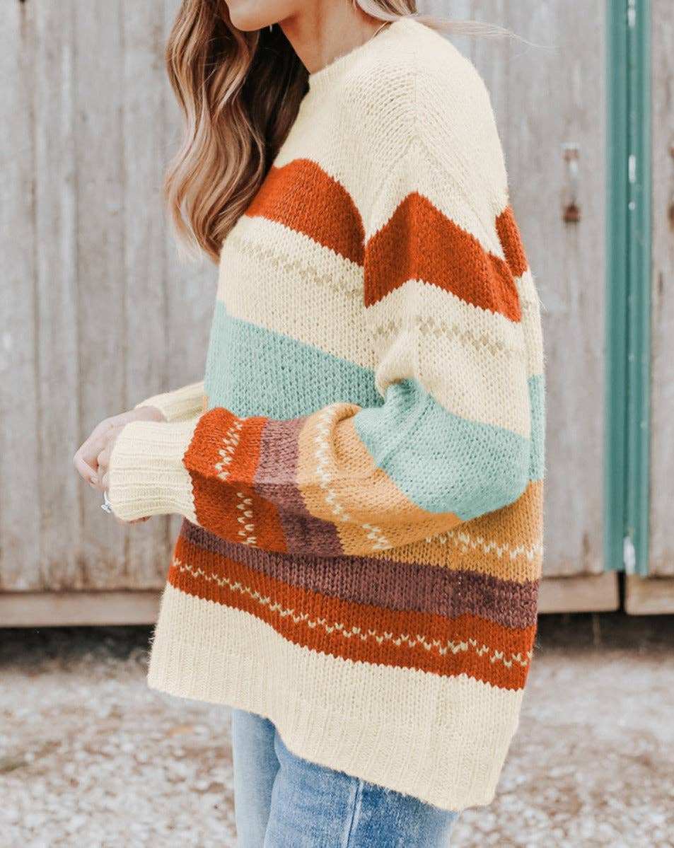 Colorblock Stripe Crew Neck Sweater