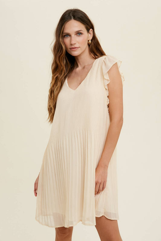 PLEATED SHIFT MINI DRESS WITH RUFFLE SLEEVE - CHAMPAGNE