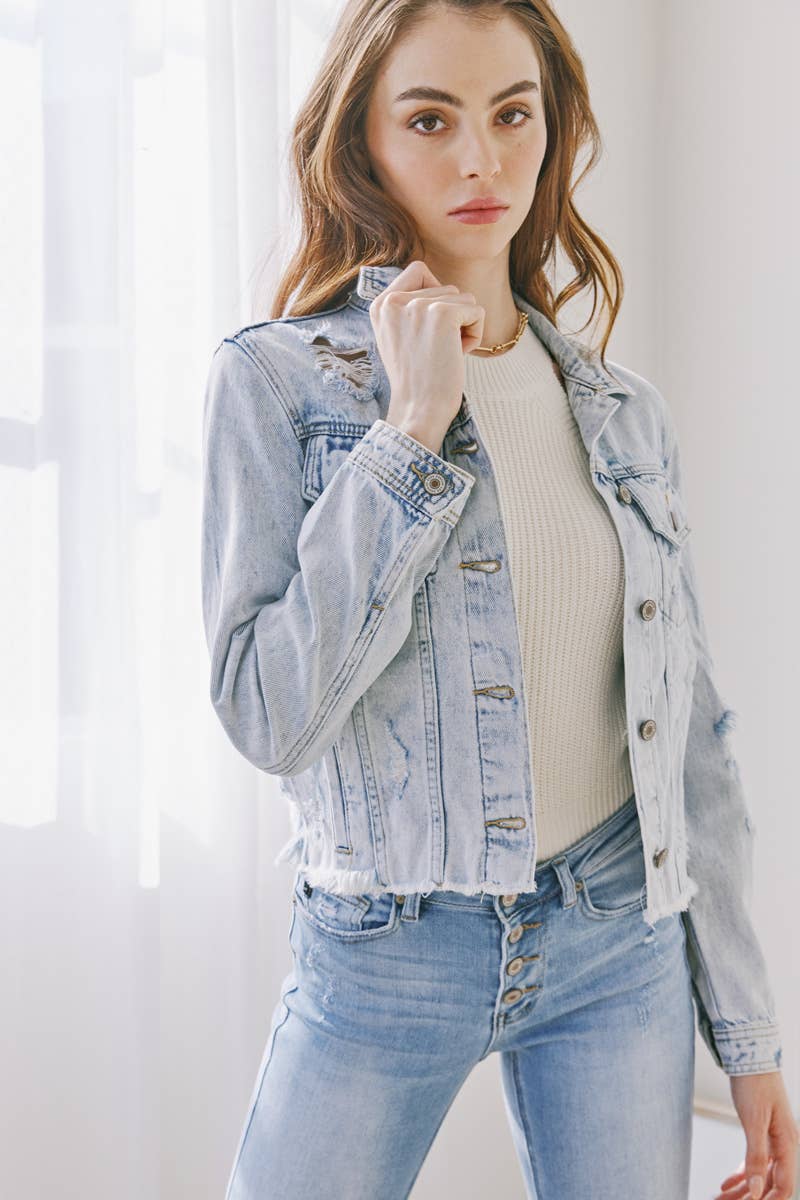 DISTRESSED LIGHT DENIM JACKET - KANCAN