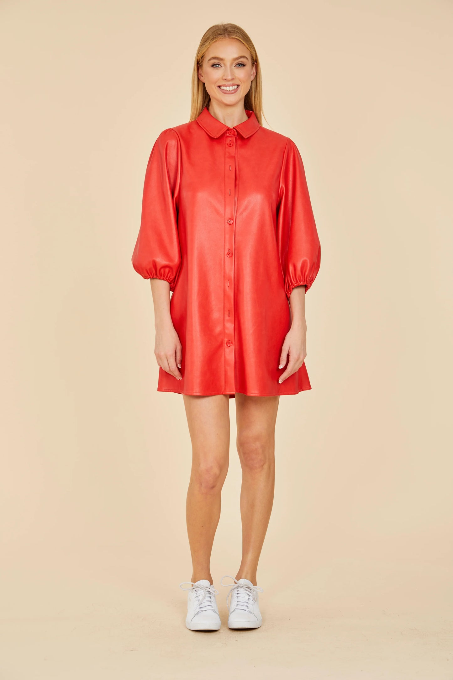 Vegan Leather Puff Sleeve Dress - Ruby/Scarlet