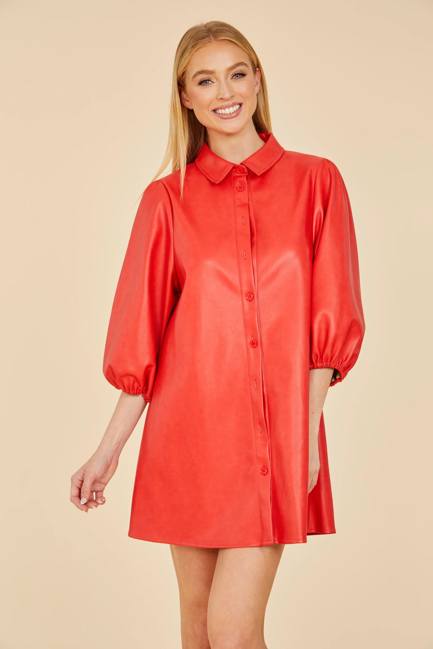 Vegan Leather Puff Sleeve Dress - Ruby/Scarlet