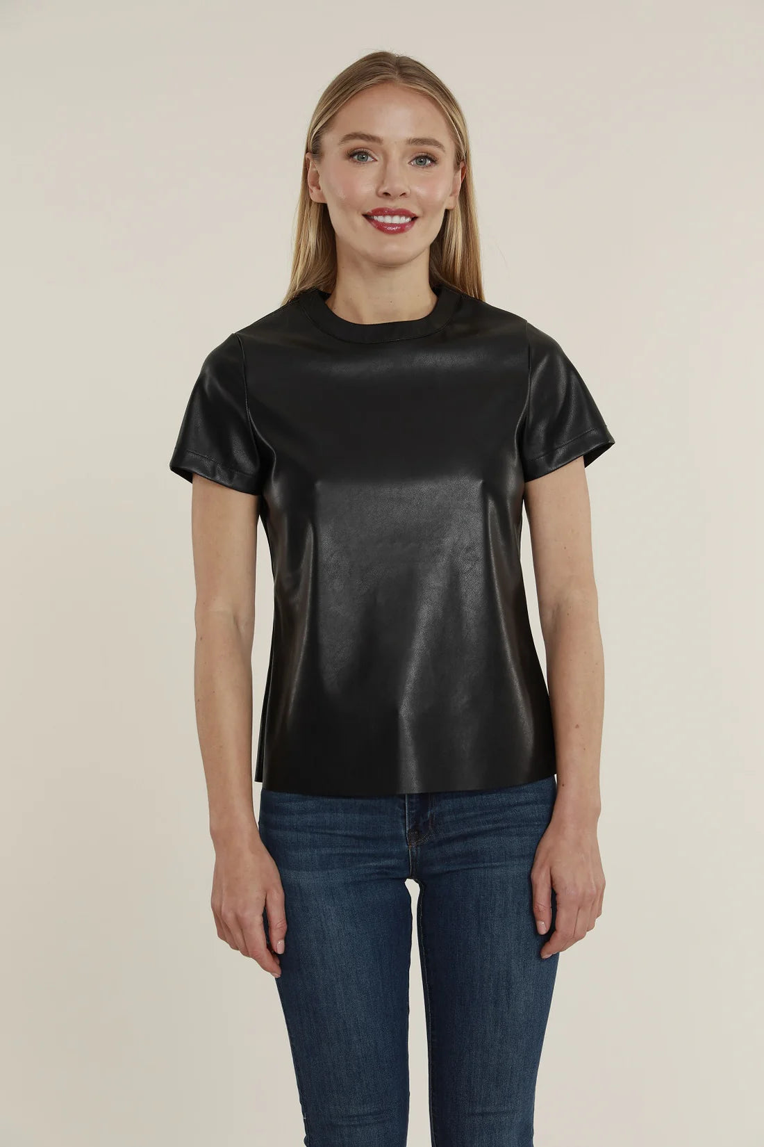 Faux Leather Short Leave T'Shirt - Black