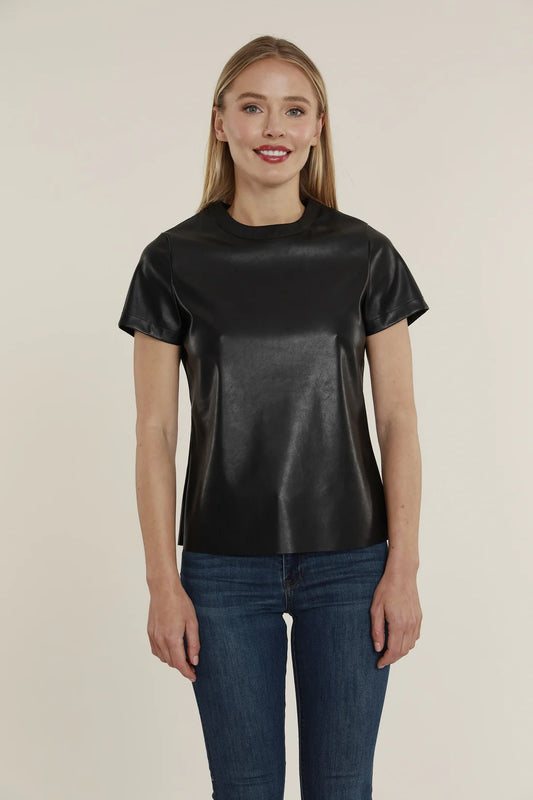 Faux Leather Short Leave T'Shirt - Black