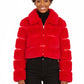 *Paneled Faux Fur Vegan Leather Cropped Jacket - Red