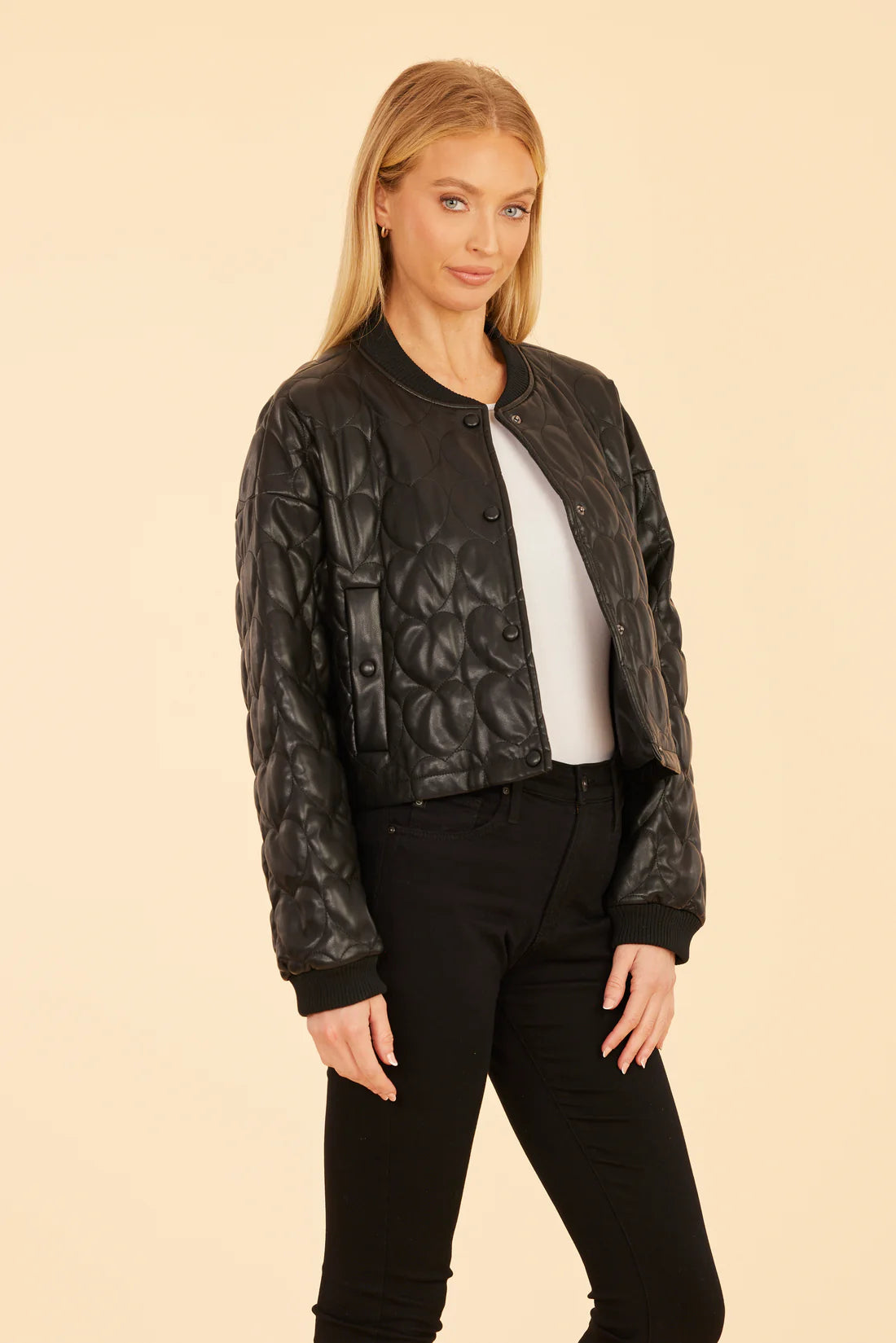 Vegan Leather Heart Quilted Jacket - Black