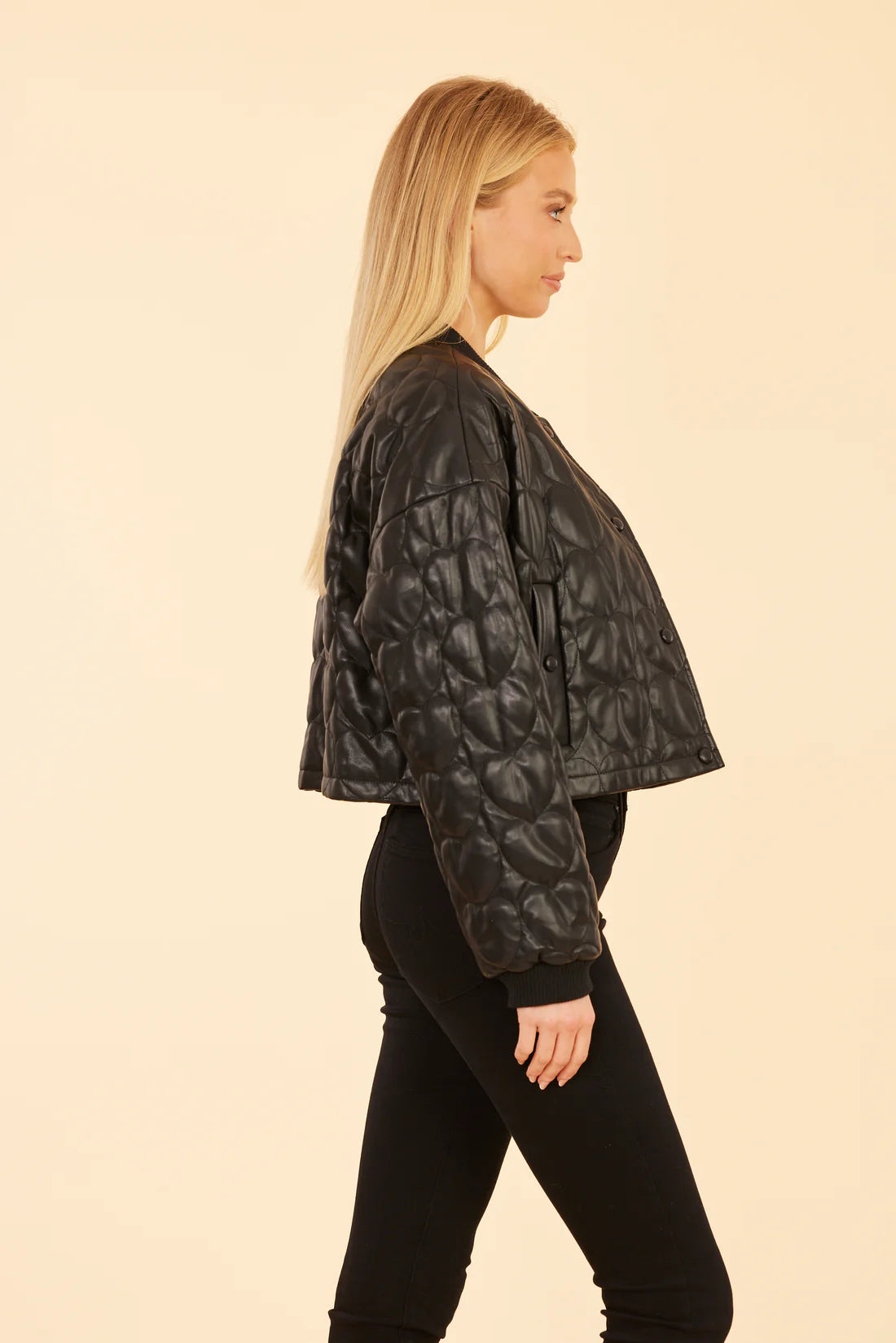 Vegan Leather Heart Quilted Jacket - Black