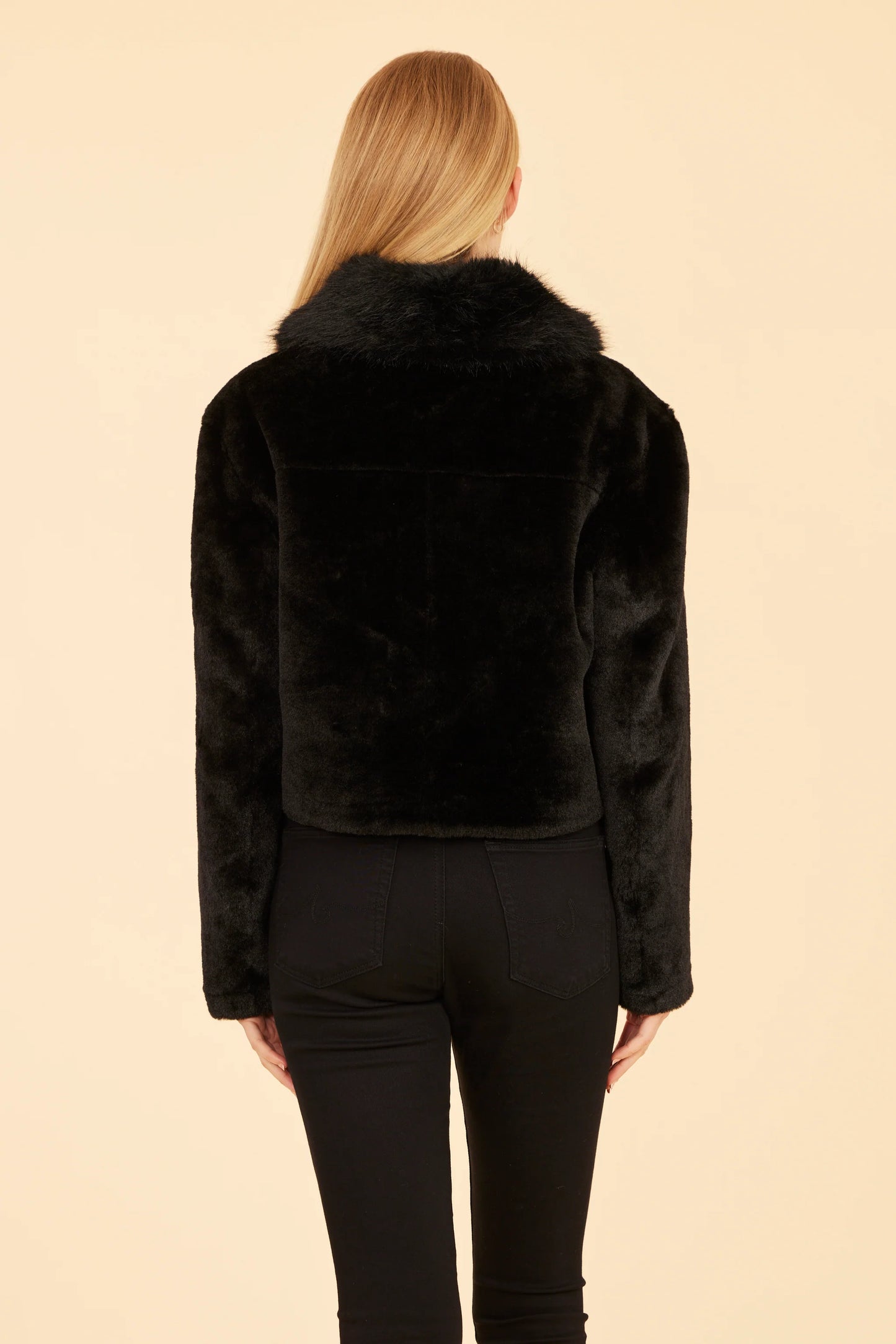 Faux Fur Pearl Button Jacket - Black