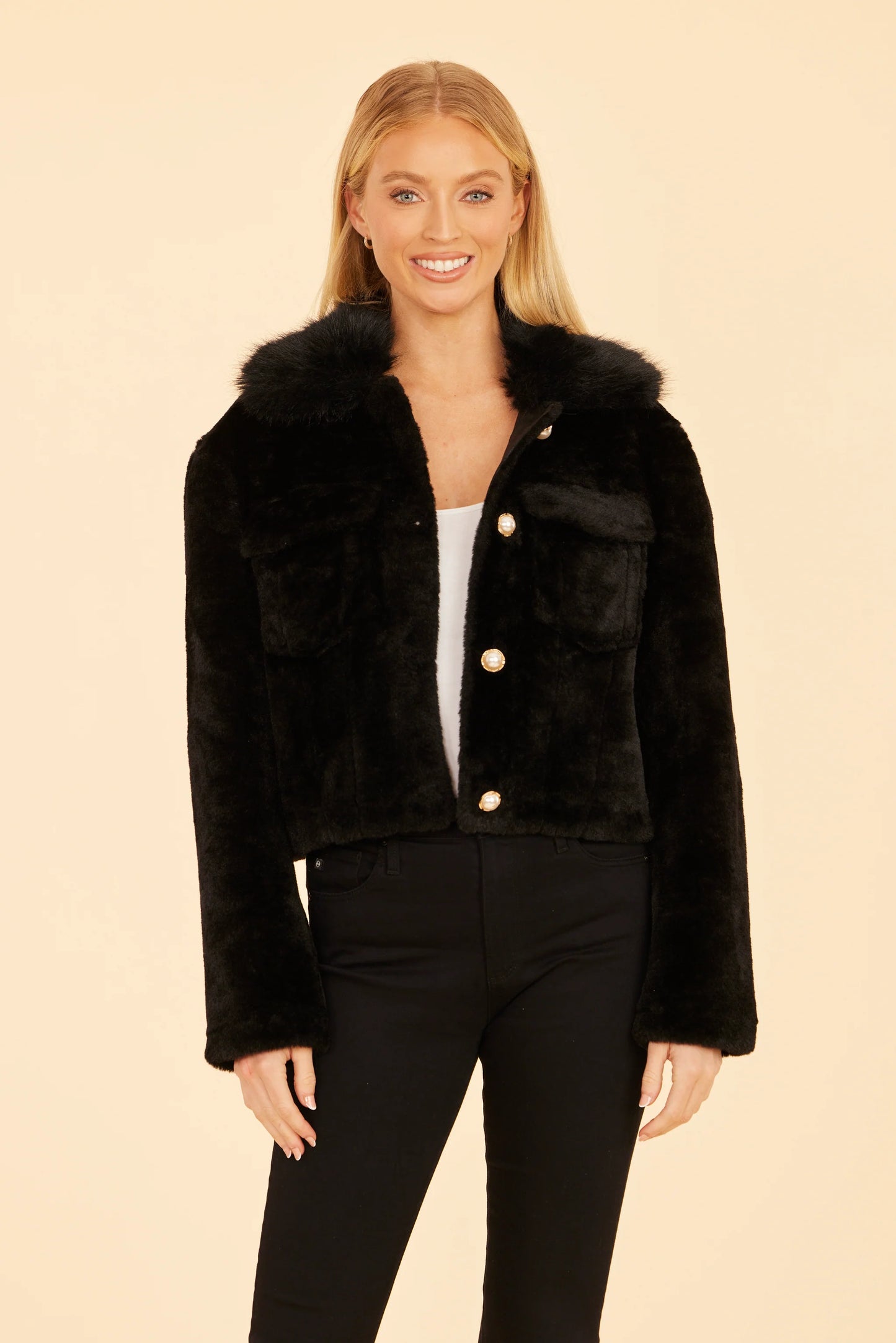 Faux Fur Pearl Button Jacket - Black