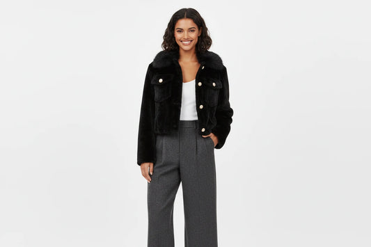 *Faux Fur Pearl Button Jacket - Black