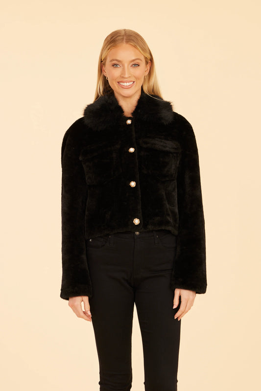 Faux Fur Pearl Button Jacket - Black