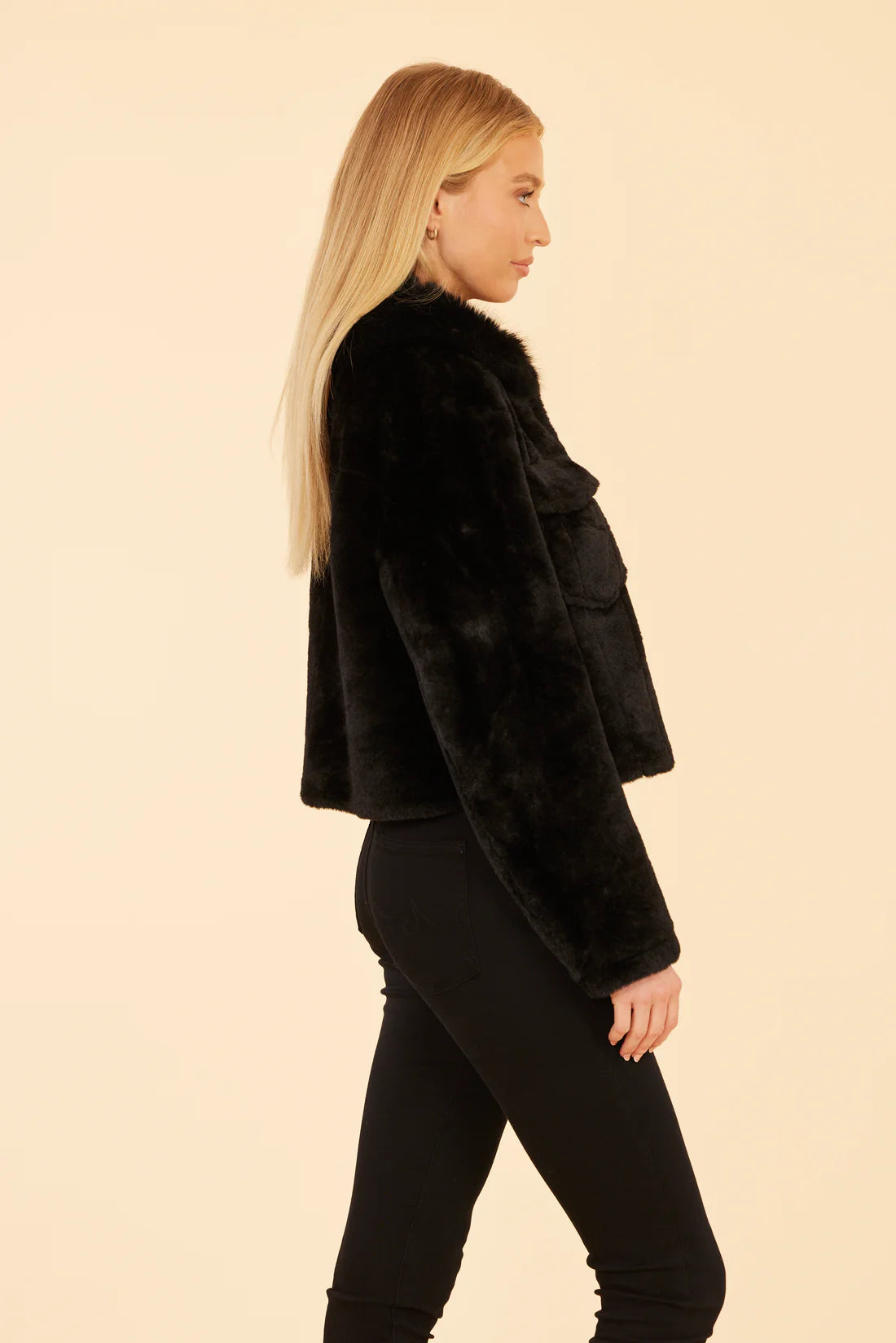 Faux Fur Pearl Button Jacket - Black