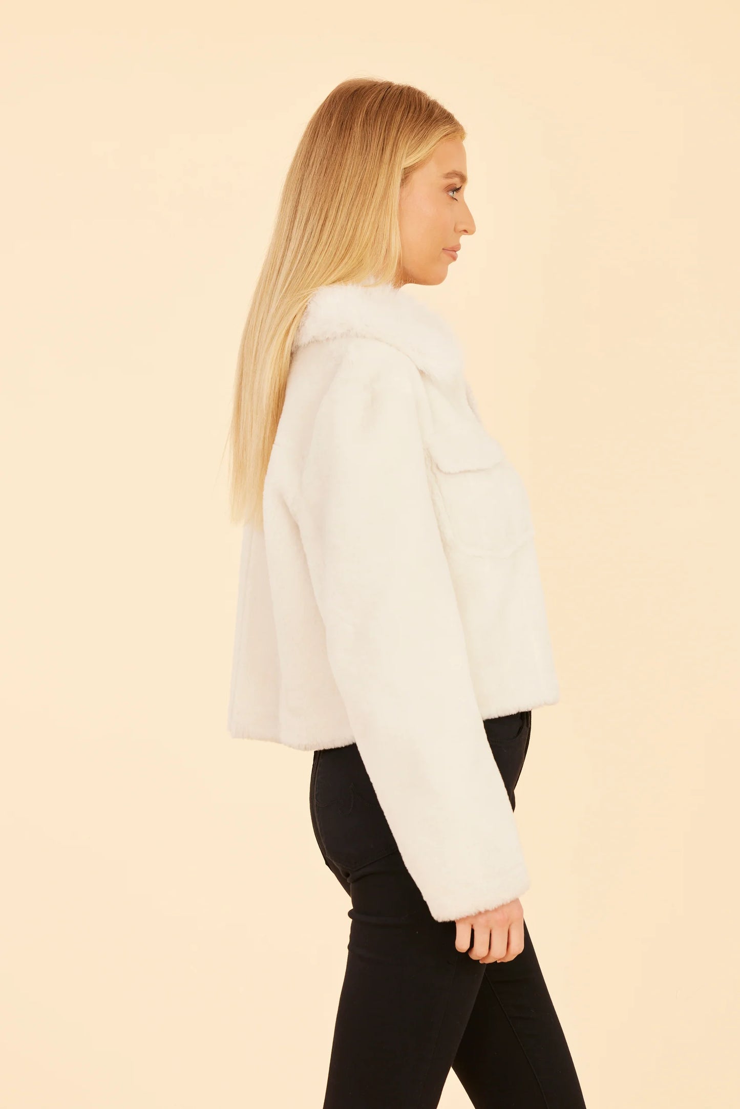 Faux Fur Pearl Button Jacket - Cream