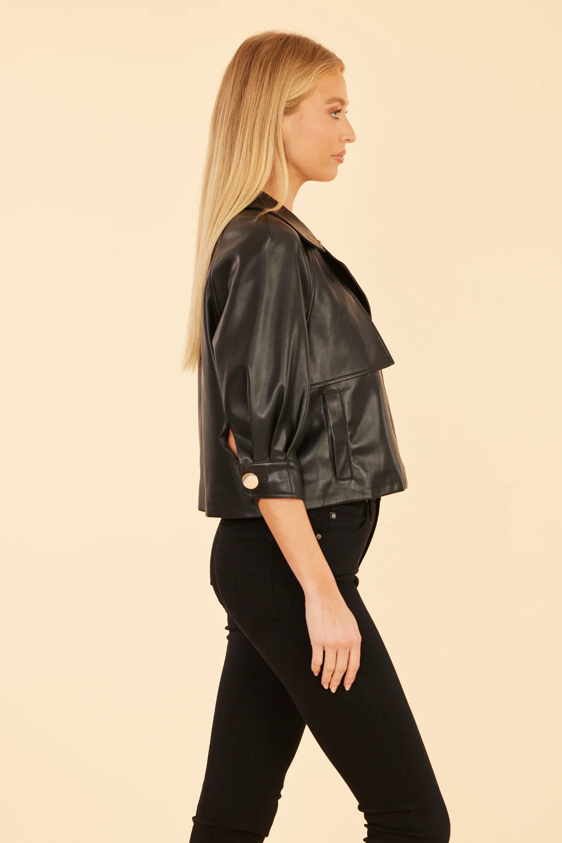 *Vegan Leather 3/4 Sleeve Jacket - Black