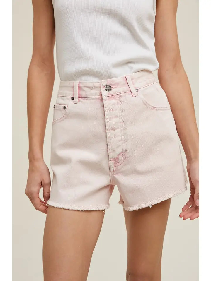 BUBBLEGUM COTTON DENIIM SHORTS WITH DISTRESSED DETAIL