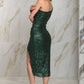 ONE SHOULDER SEQUIN MIDI DRESS HUNTER GREEN