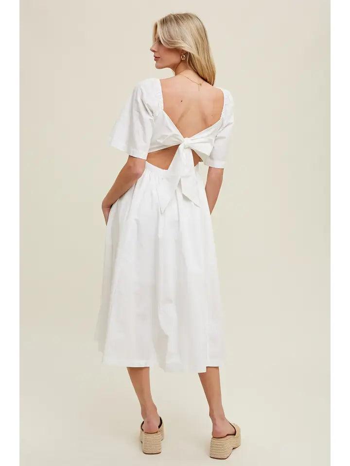 WHITE POPLIN COTTON MIDI DRESS WITH FRONT TWIST