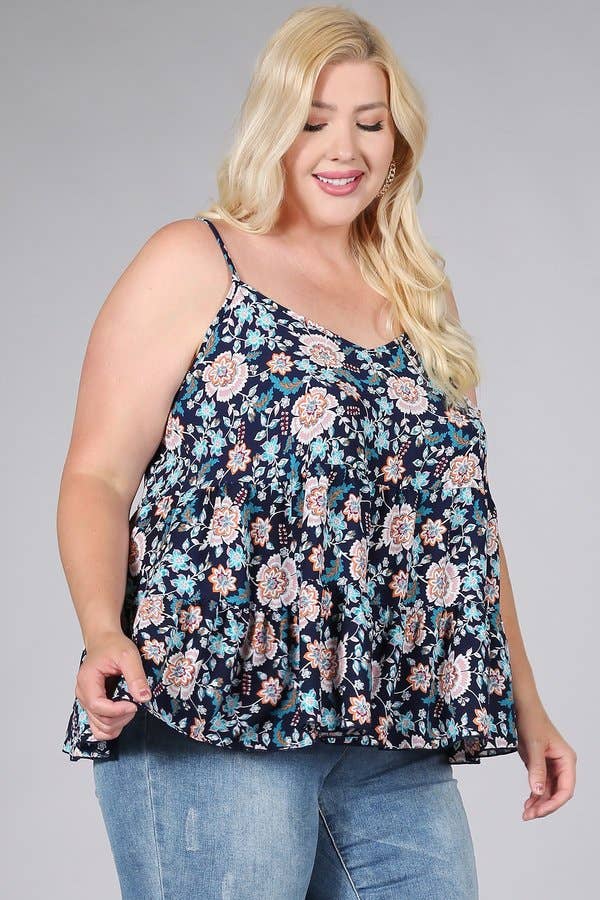 Floral Paisley Print Ruffle Cami Plus Size Top